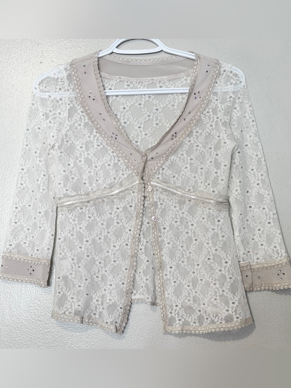 Y2K lace button up cardigan with sequin details small